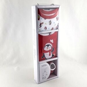 Baby Mode Signature 3 Pc Penguin Winter Gift Set Box Bodysuit Bib Socks Size 0-3